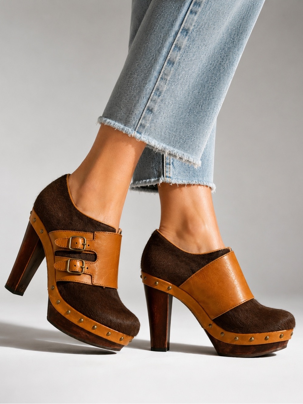 UGG Australia Haircalf Leather Platform Heels Buckle Clogs 6.5 Brown